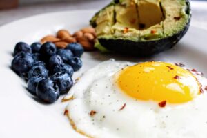 keto diet with eggs, avocado, and grapes