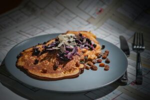 paleo food, blueberries and brown pancake